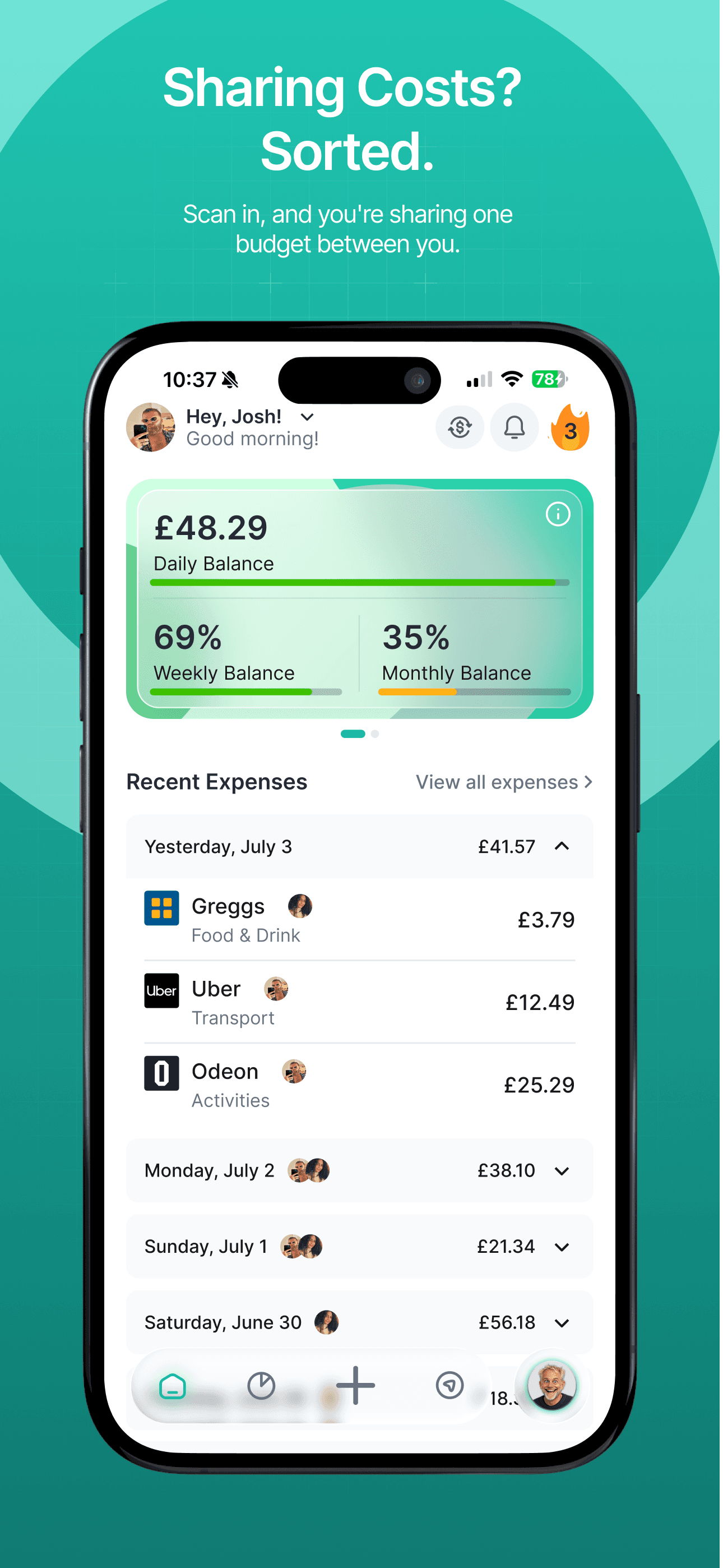 Sharing costs sorted. Scan in and share one budget between you, splitting expenses with your travel companions.