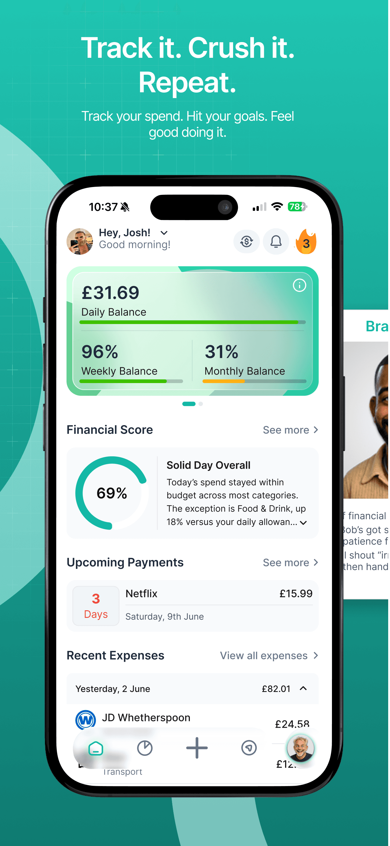 BudgetBro home dashboard with daily, weekly and monthly balance, financial score, upcoming payments and recent expenses.