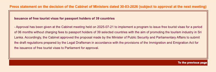 Sri Lanka Free Visa Cabinet Update April 2026 | BudgetBro