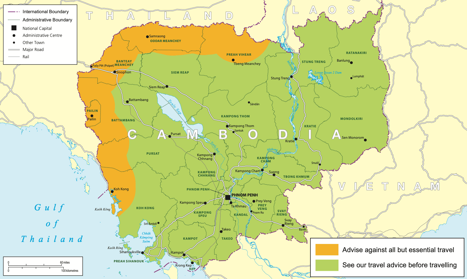 Map showing Thailand Cambodia border provinces flagged for travel restrictions Nov 2025