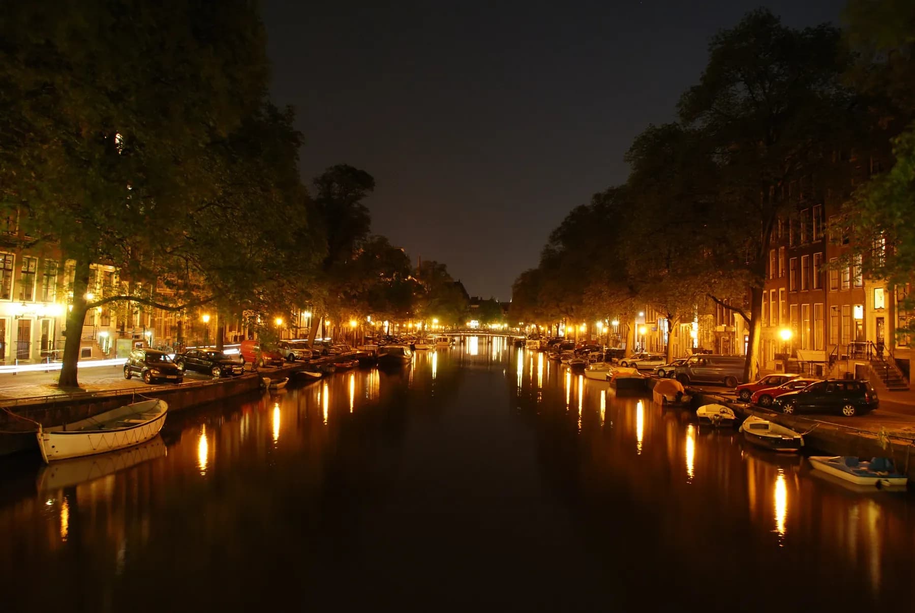 Amsterdam canal at night, lit houses and trees reflected in the water | BudgetBro