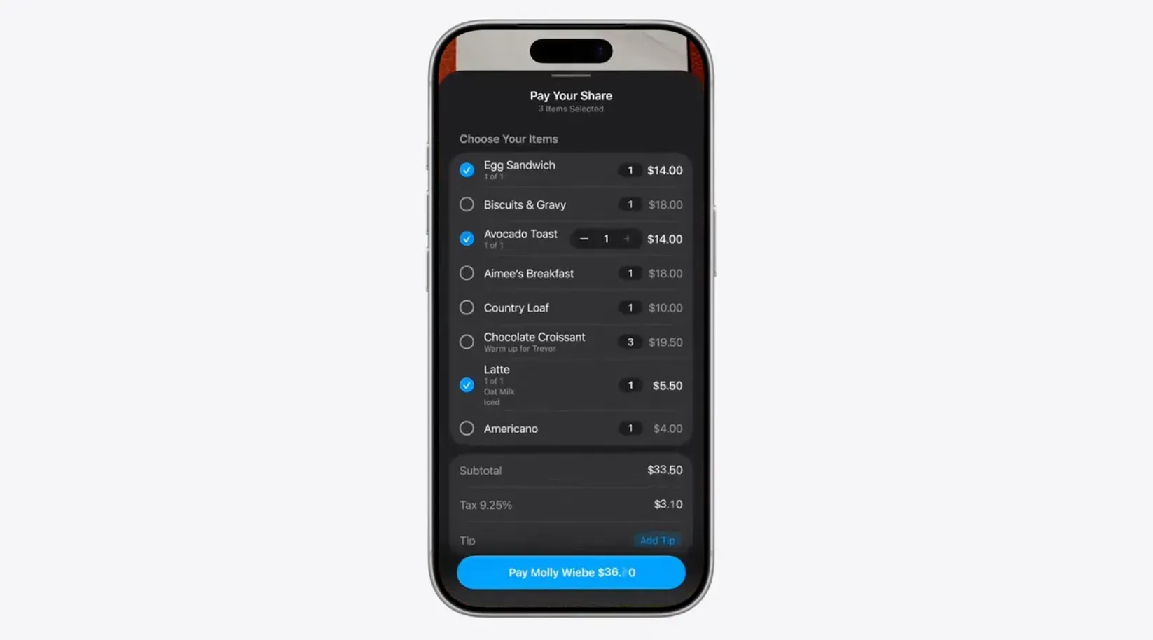 Apple's new Pay Your Share screen in iOS 27, splitting a restaurant receipt into selectable line items with a total to send, shown at WWDC 2026