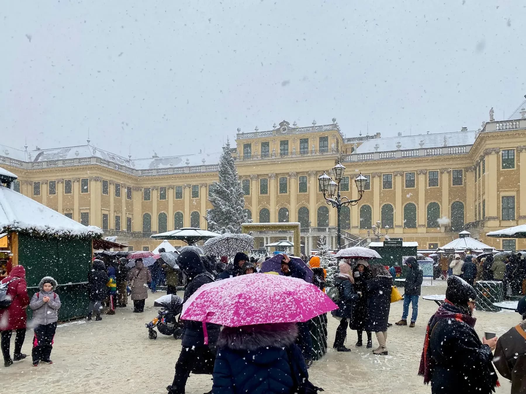 Christmas market in front of Schönbrunn Palace in Vienna in falling snow | BudgetBro