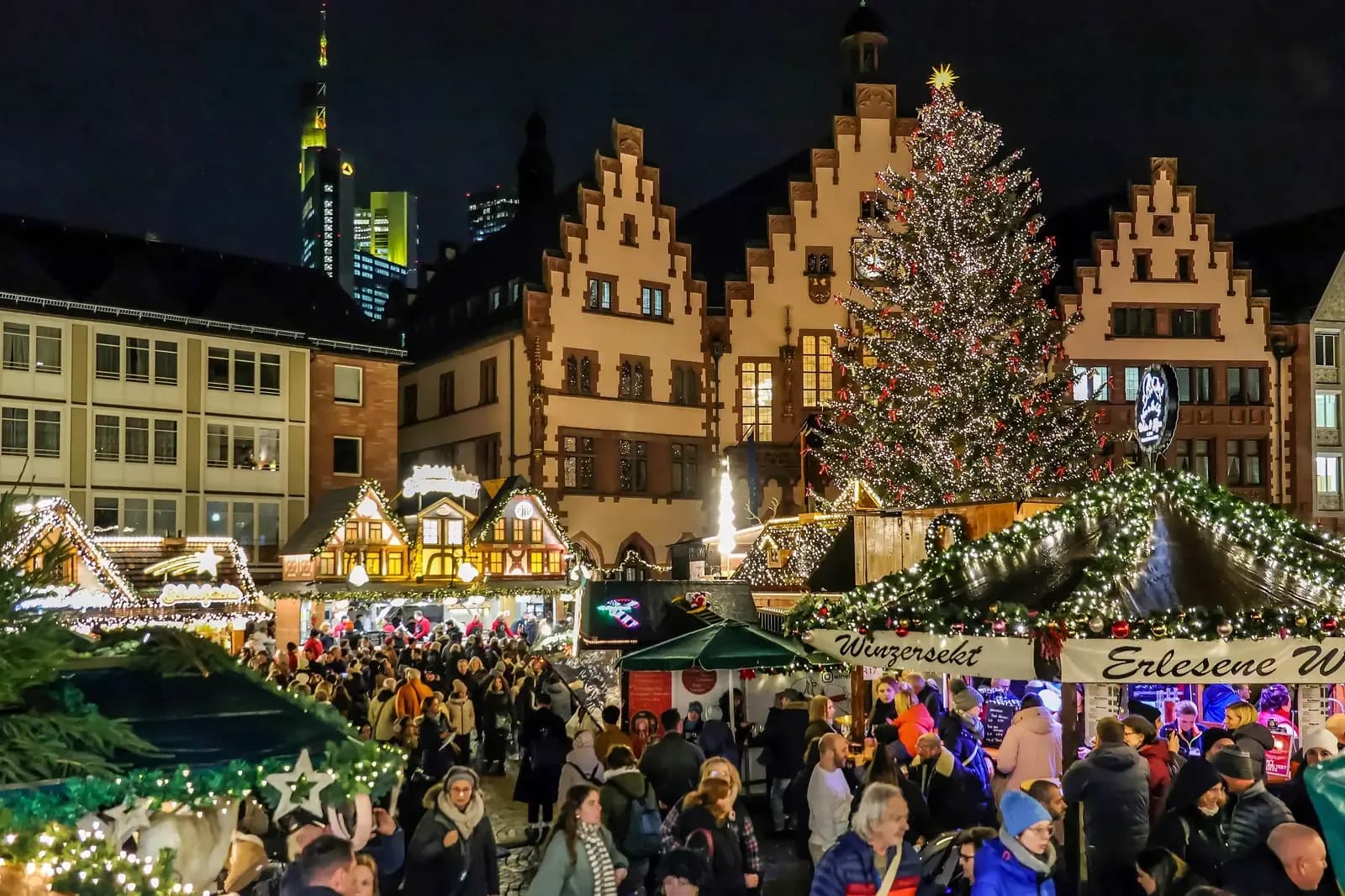 Frankfurt Christmas market on Römerberg at night, stalls and tree in front of the old town hall | BudgetBro