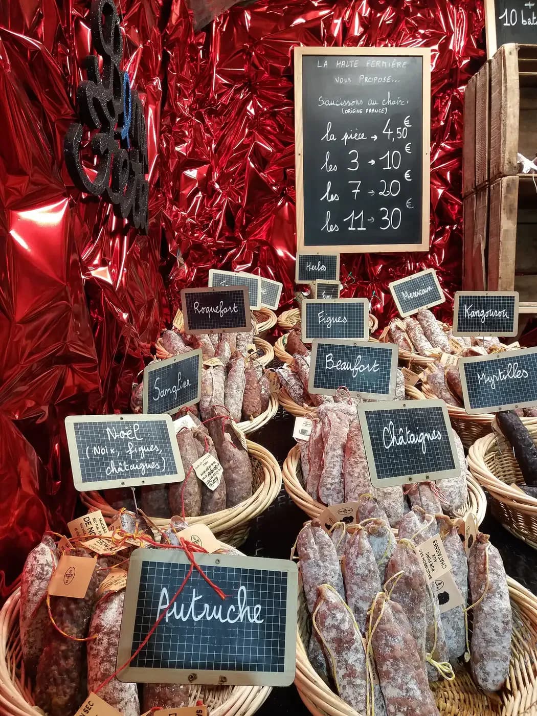 Saucisson stall at the Lyon Christmas market on Place Carnot, sausages in wicker baskets | BudgetBro